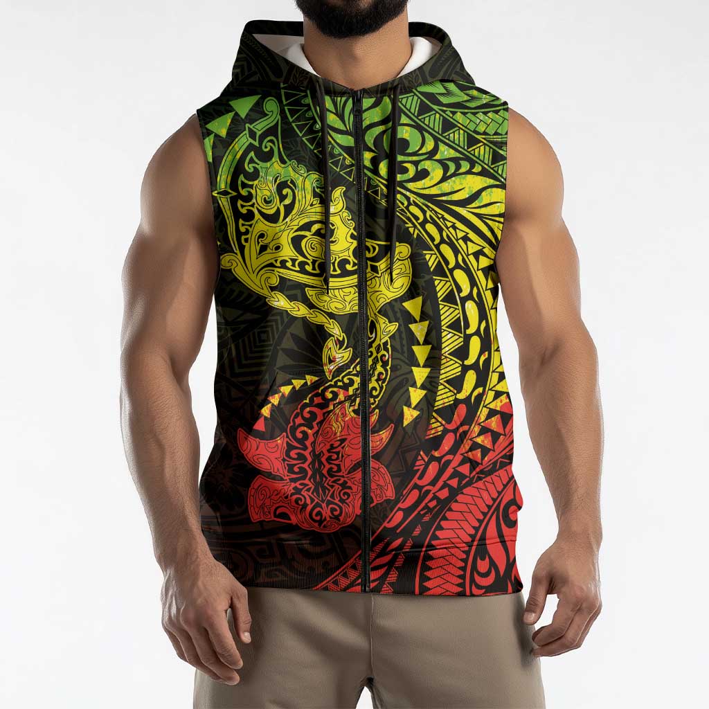 Hawaiian Manta Ray and Hammerhead Shark Tribal Tattoo Sleeveless Zip Hoodie with Polynesian Tribal Pattern Reggae Style