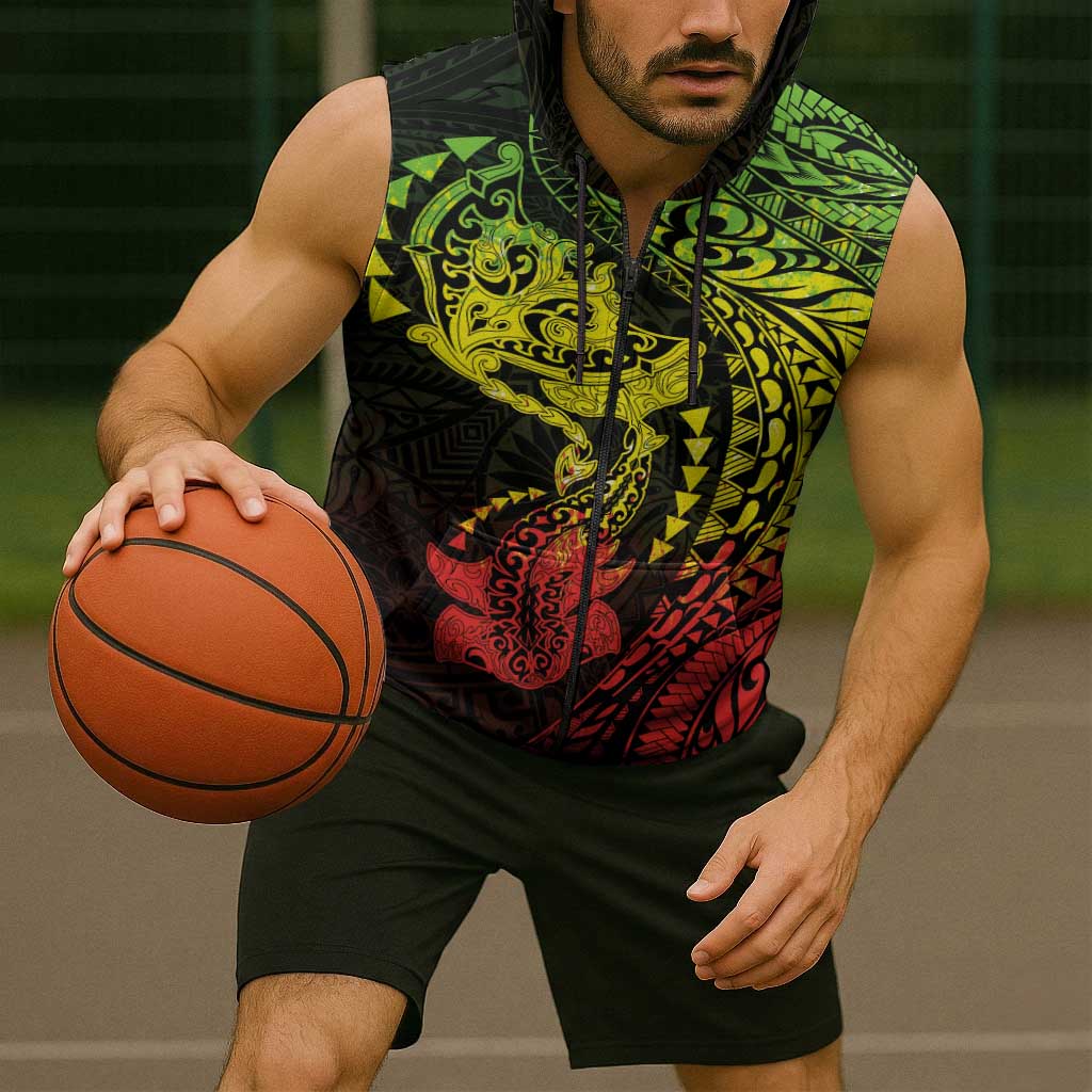 Hawaiian Manta Ray and Hammerhead Shark Tribal Tattoo Sleeveless Zip Hoodie with Polynesian Tribal Pattern Reggae Style