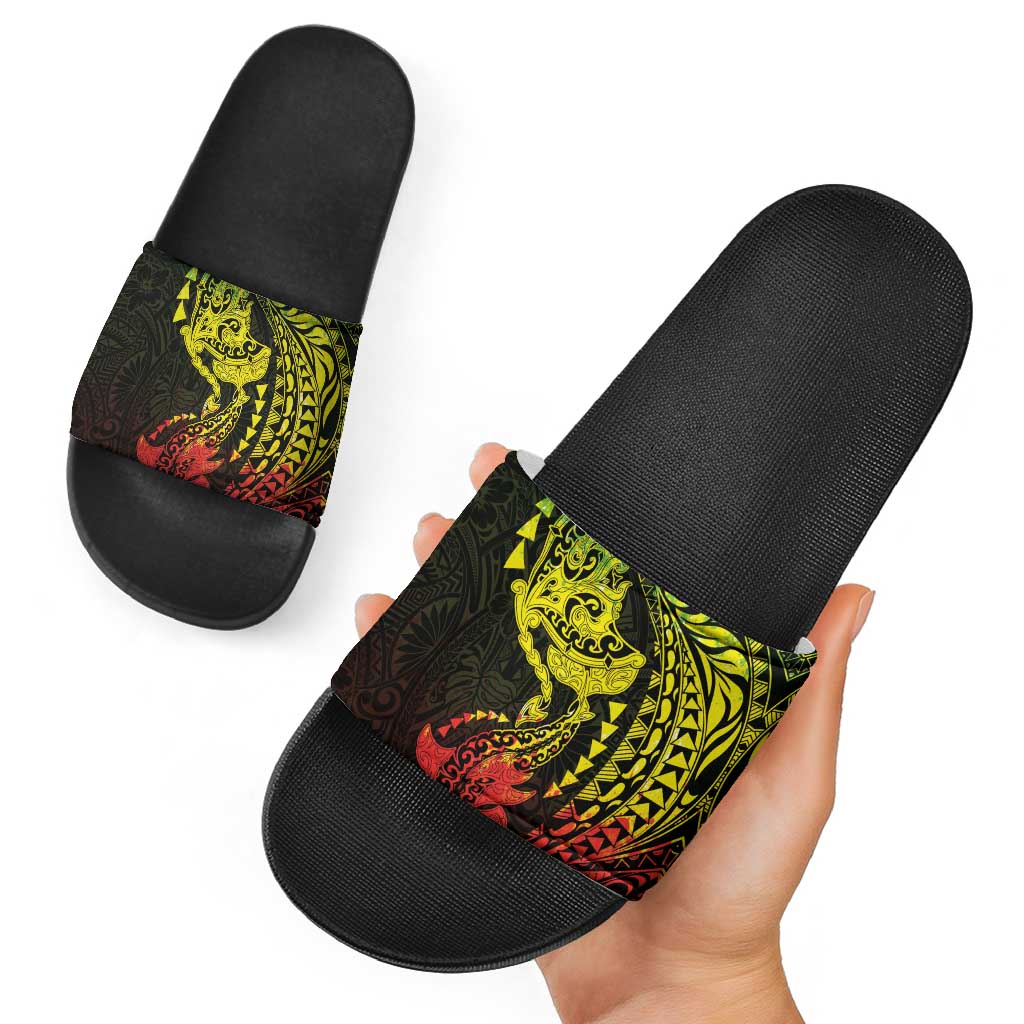 Hawaiian Manta Ray and Hammerhead Shark Tribal Tattoo Slide Sandals with Polynesian Tribal Pattern Reggae Style