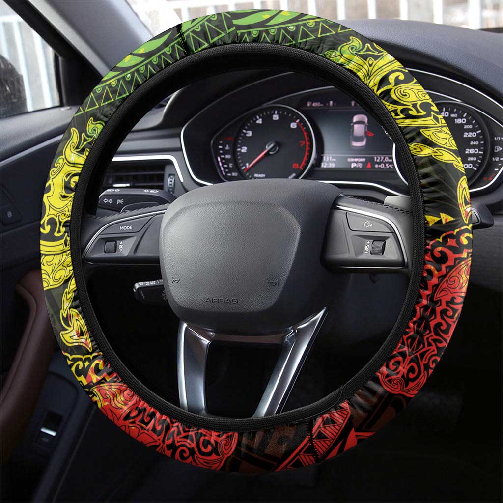 Hawaiian Manta Ray and Hammerhead Shark Tribal Tattoo Steering Wheel Cover with Polynesian Tribal Pattern Reggae Style