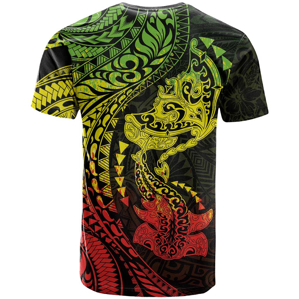 Hawaiian Manta Ray and Hammerhead Shark Tribal Tattoo T Shirt with Polynesian Tribal Pattern Reggae Style