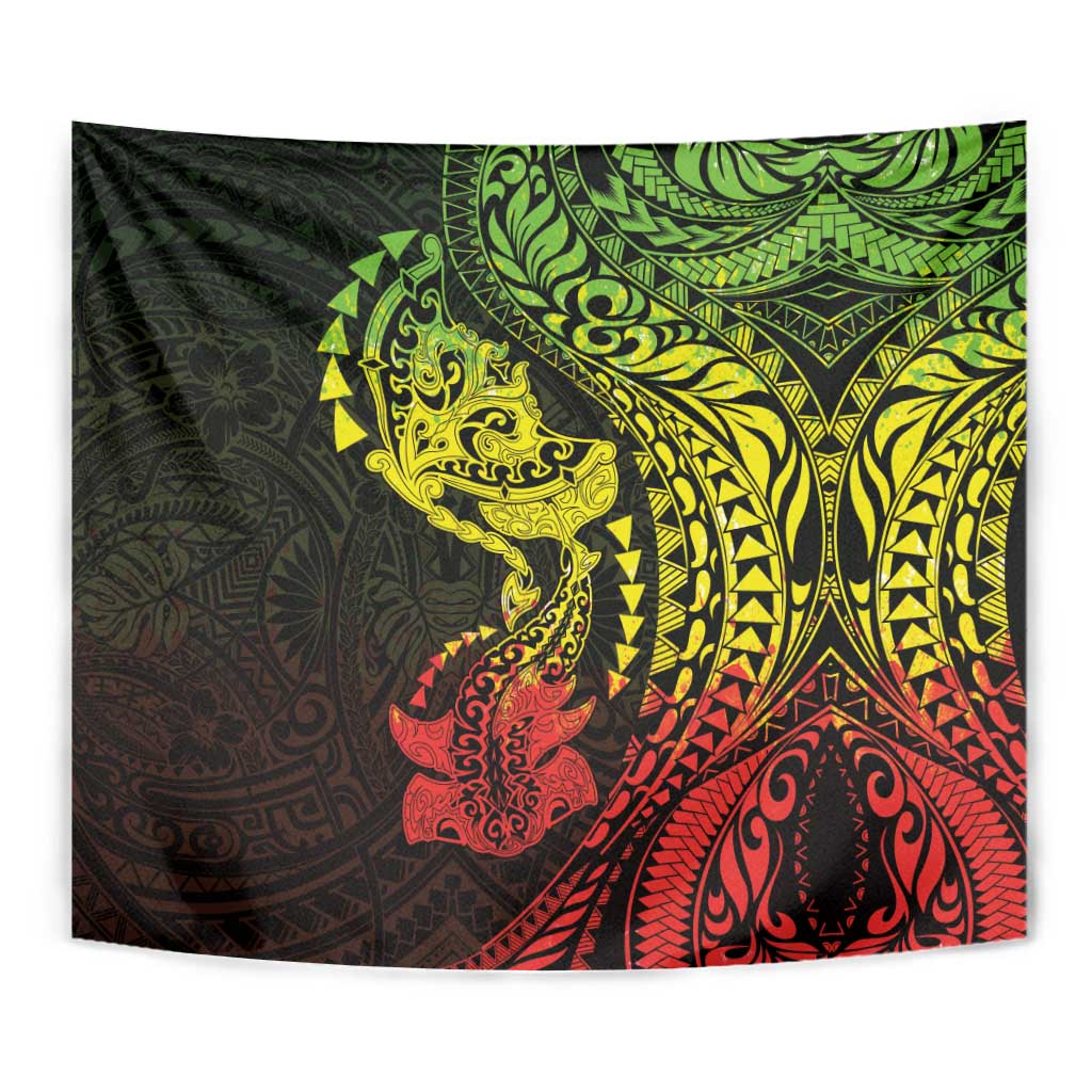 Hawaiian Manta Ray and Hammerhead Shark Tribal Tattoo Tapestry with Polynesian Tribal Pattern Reggae Style