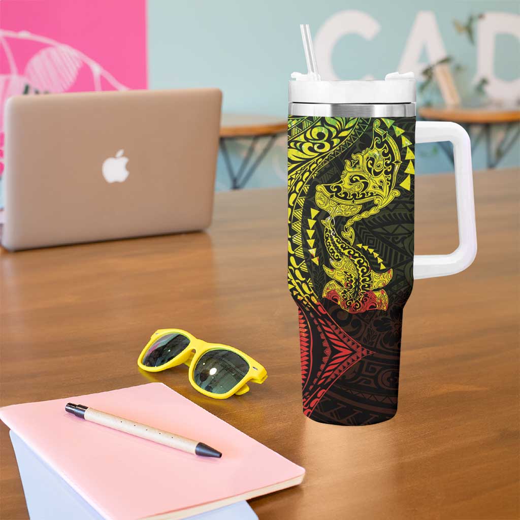 Hawaiian Manta Ray and Hammerhead Shark Tribal Tattoo Tumbler With Handle with Polynesian Tribal Pattern Reggae Style