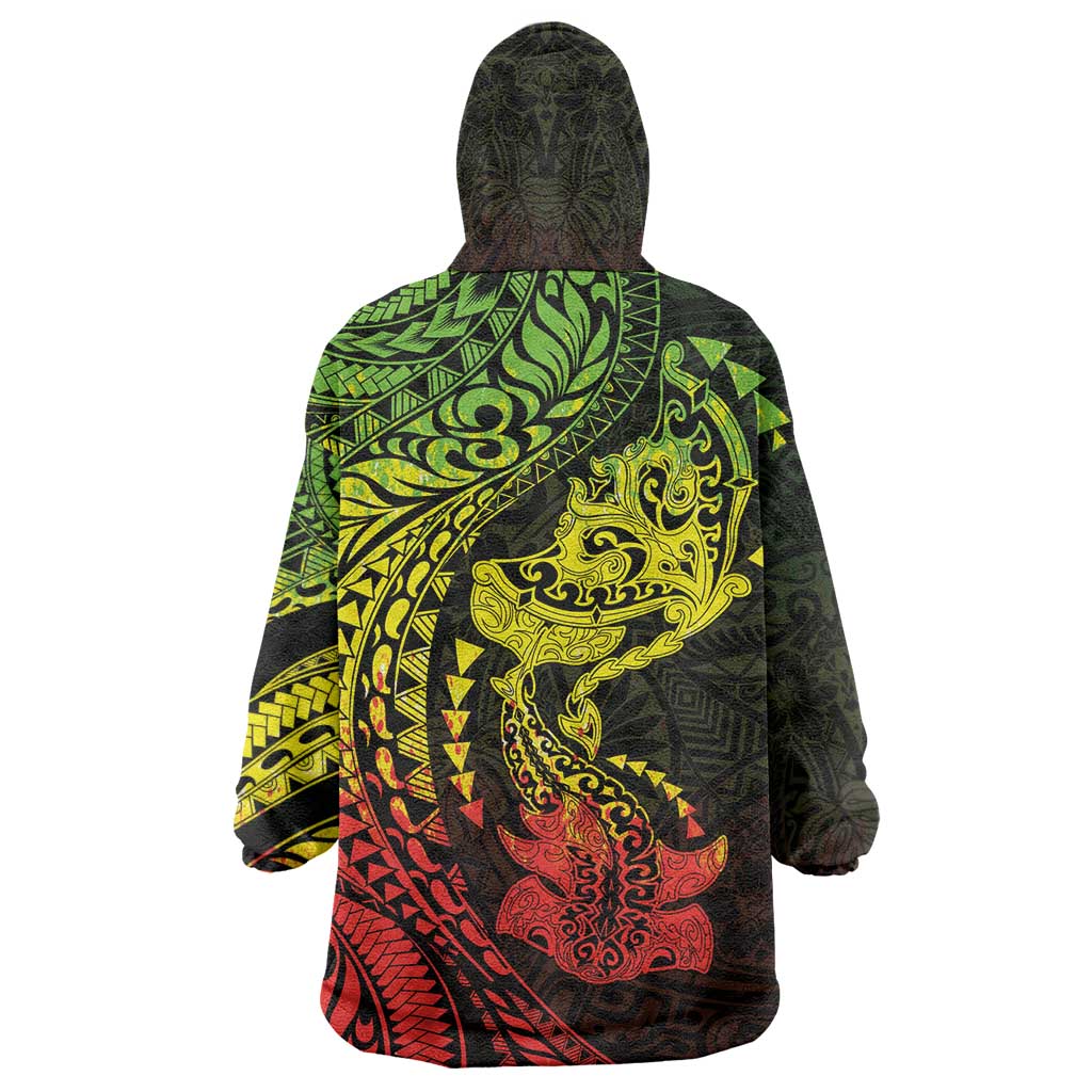 Hawaiian Manta Ray and Hammerhead Shark Tribal Tattoo Wearable Blanket Hoodie with Polynesian Tribal Pattern Reggae Style
