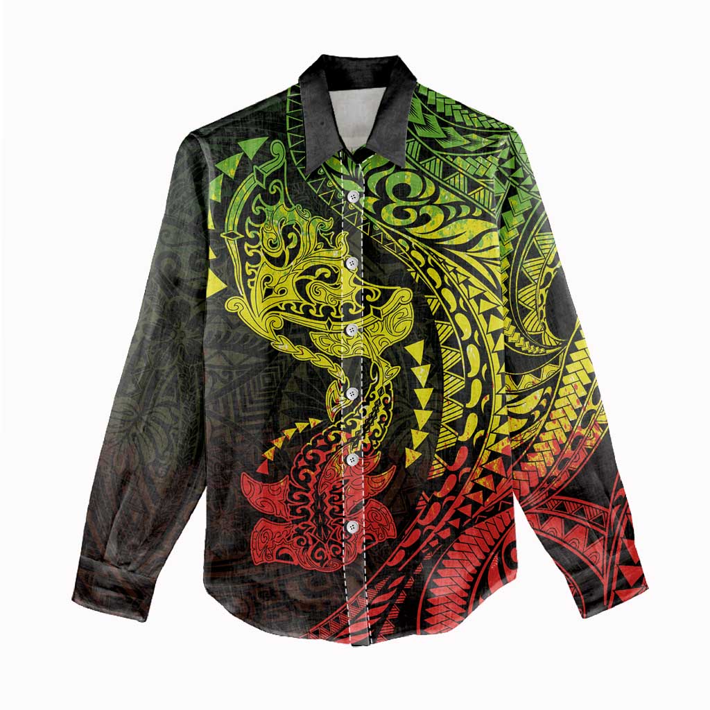 Hawaiian Manta Ray and Hammerhead Shark Tribal Tattoo Women Casual Shirt with Polynesian Tribal Pattern Reggae Style