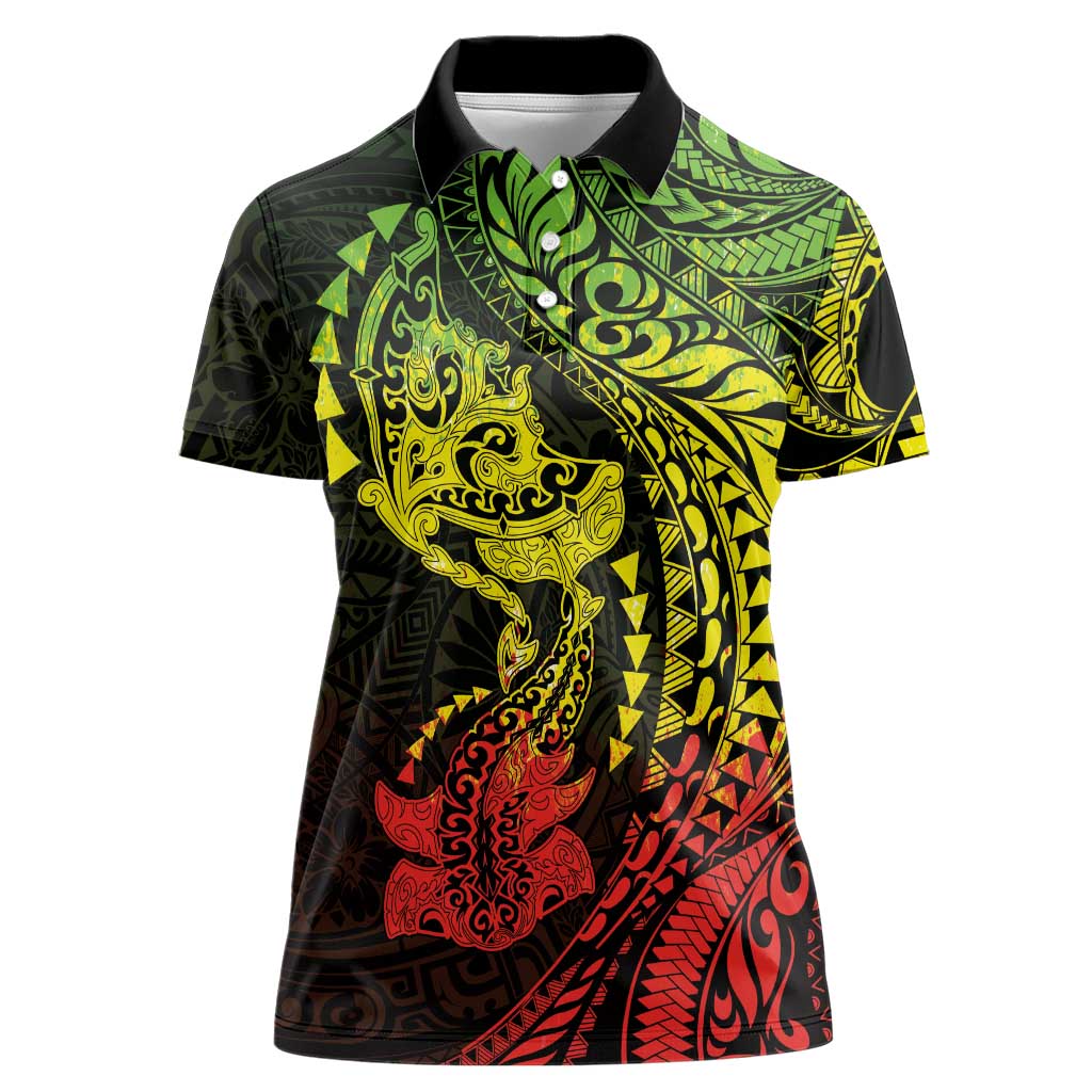 Hawaiian Manta Ray and Hammerhead Shark Tribal Tattoo Women Polo Shirt with Polynesian Tribal Pattern Reggae Style