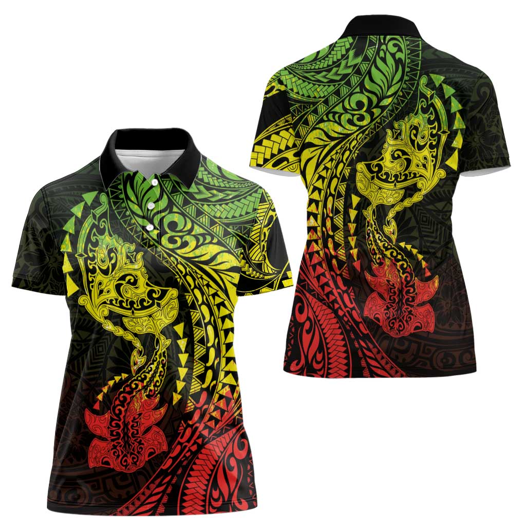 Hawaiian Manta Ray and Hammerhead Shark Tribal Tattoo Women Polo Shirt with Polynesian Tribal Pattern Reggae Style