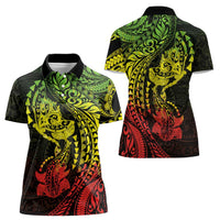Hawaiian Manta Ray and Hammerhead Shark Tribal Tattoo Women Polo Shirt with Polynesian Tribal Pattern Reggae Style
