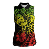 Hawaiian Manta Ray and Hammerhead Shark Tribal Tattoo Women Sleeveless Polo Shirt with Polynesian Tribal Pattern Reggae Style LT03 Female Multicolor - Polynesian Pride