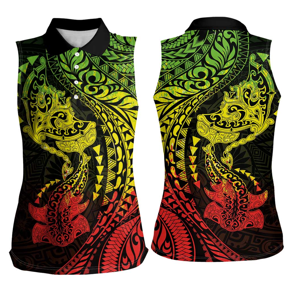 Hawaiian Manta Ray and Hammerhead Shark Tribal Tattoo Women Sleeveless Polo Shirt with Polynesian Tribal Pattern Reggae Style LT03 - Polynesian Pride