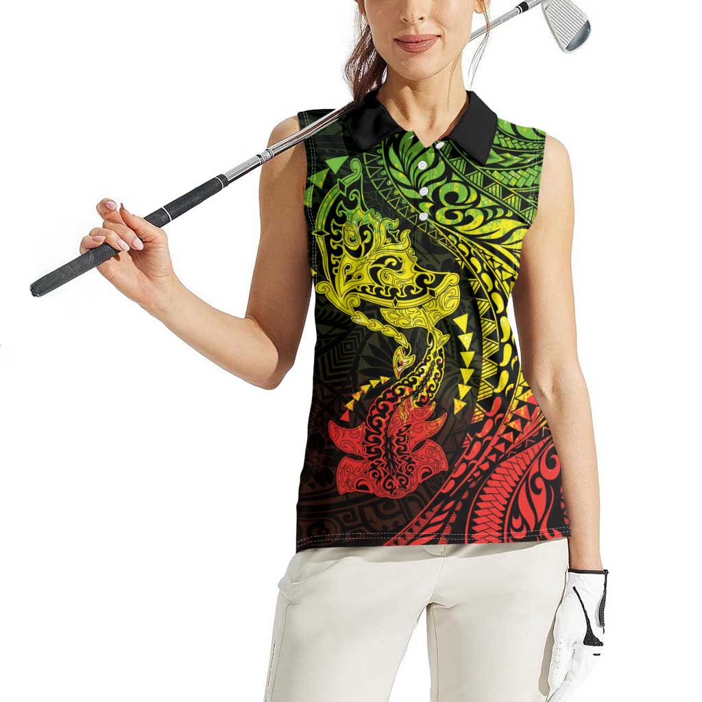 Hawaiian Manta Ray and Hammerhead Shark Tribal Tattoo Women Sleeveless Polo Shirt with Polynesian Tribal Pattern Reggae Style LT03 - Polynesian Pride
