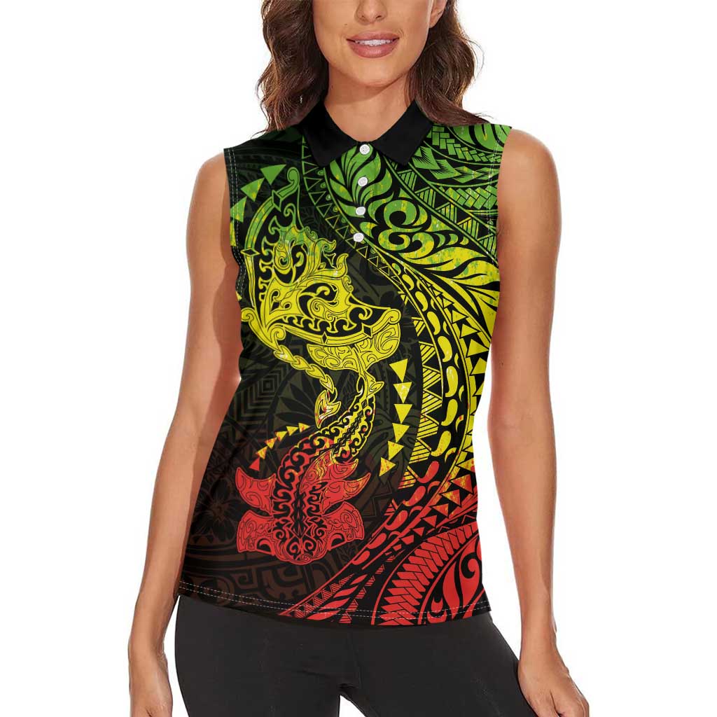 Hawaiian Manta Ray and Hammerhead Shark Tribal Tattoo Women Sleeveless Polo Shirt with Polynesian Tribal Pattern Reggae Style LT03 - Polynesian Pride