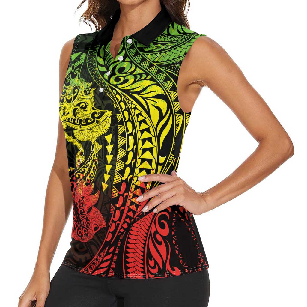 Hawaiian Manta Ray and Hammerhead Shark Tribal Tattoo Women Sleeveless Polo Shirt with Polynesian Tribal Pattern Reggae Style LT03 - Polynesian Pride