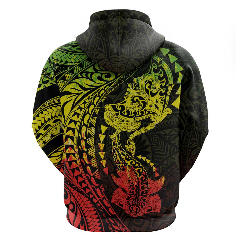 Hawaiian Manta Ray and Hammerhead Shark Tribal Tattoo Zip Hoodie with Polynesian Tribal Pattern Reggae Style