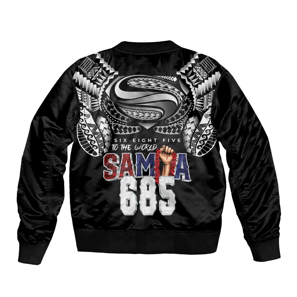 Super Samoa-Six Eight Five to The World Bomber Jacket Traditional Samoan Tattoo Black Color