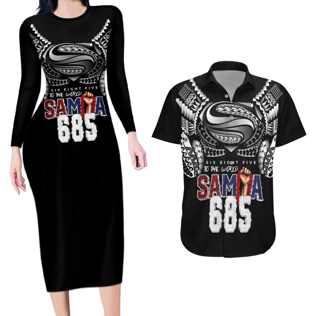 Super Samoa-Six Eight Five to The World Couples Matching Long Sleeve Bodycon Dress and Hawaiian Shirt Traditional Samoan Tattoo Black Color LT03 Black - Polynesian Pride