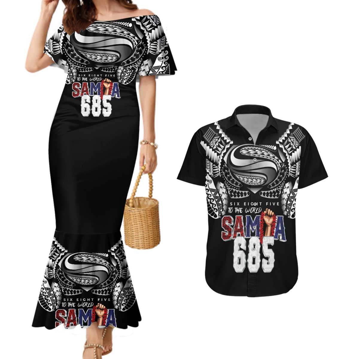 Super Samoa-Six Eight Five to The World Couples Matching Mermaid Dress and Hawaiian Shirt Traditional Samoan Tattoo Black Color