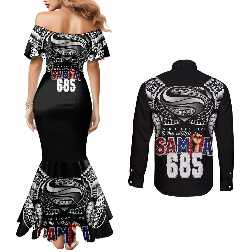 Super Samoa-Six Eight Five to The World Couples Matching Mermaid Dress and Long Sleeve Button Shirt Traditional Samoan Tattoo Black Color LT03 - Polynesian Pride