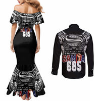 Super Samoa-Six Eight Five to The World Couples Matching Mermaid Dress and Long Sleeve Button Shirt Traditional Samoan Tattoo Black Color LT03 - Polynesian Pride