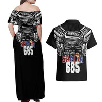 Super Samoa-Six Eight Five to The World Couples Matching Off Shoulder Maxi Dress and Hawaiian Shirt Traditional Samoan Tattoo Black Color LT03 - Polynesian Pride