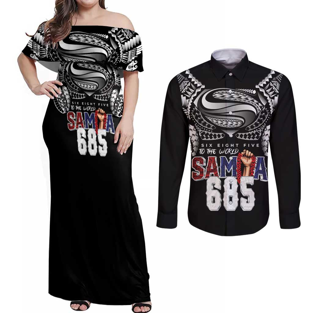 Super Samoa-Six Eight Five to The World Couples Matching Off Shoulder Maxi Dress and Long Sleeve Button Shirt Traditional Samoan Tattoo Black Color