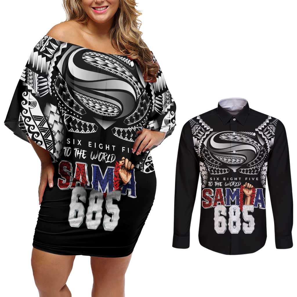 Super Samoa-Six Eight Five to The World Couples Matching Off Shoulder Short Dress and Long Sleeve Button Shirt Traditional Samoan Tattoo Black Color