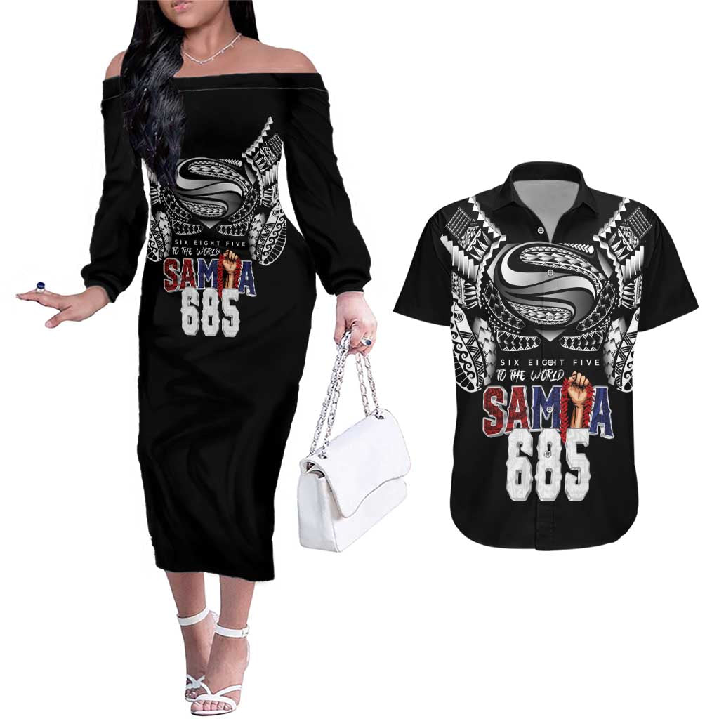 Super Samoa-Six Eight Five to The World Couples Matching Off The Shoulder Long Sleeve Dress and Hawaiian Shirt Traditional Samoan Tattoo Black Color