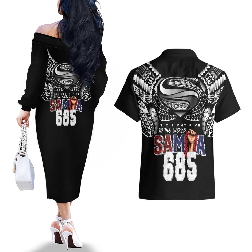 Super Samoa-Six Eight Five to The World Couples Matching Off The Shoulder Long Sleeve Dress and Hawaiian Shirt Traditional Samoan Tattoo Black Color LT03 - Polynesian Pride