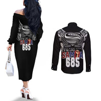 Super Samoa-Six Eight Five to The World Couples Matching Off The Shoulder Long Sleeve Dress and Long Sleeve Button Shirt Traditional Samoan Tattoo Black Color LT03 - Polynesian Pride