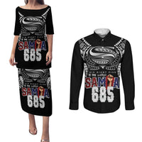Super Samoa-Six Eight Five to The World Couples Matching Puletasi and Long Sleeve Button Shirt Traditional Samoan Tattoo Black Color