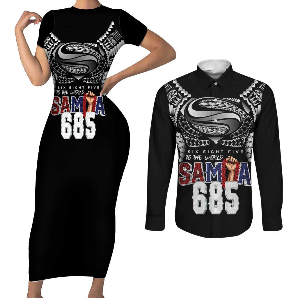 Super Samoa-Six Eight Five to The World Couples Matching Short Sleeve Bodycon Dress and Long Sleeve Button Shirt Traditional Samoan Tattoo Black Color