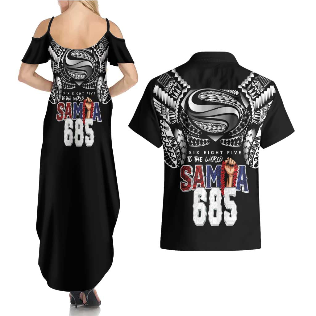 Super Samoa-Six Eight Five to The World Couples Matching Summer Maxi Dress and Hawaiian Shirt Traditional Samoan Tattoo Black Color LT03 - Polynesian Pride