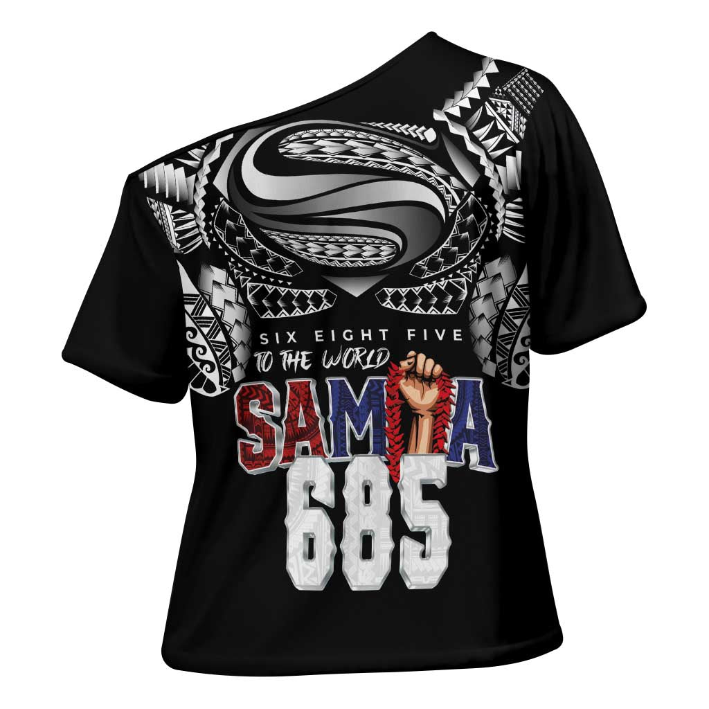 Super Samoa-Six Eight Five to The World Cross Shoulder Shirt Traditional Samoan Tattoo Black Color