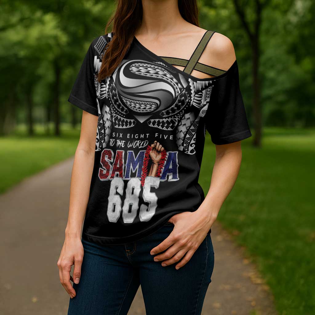 Super Samoa-Six Eight Five to The World Cross Shoulder Shirt Traditional Samoan Tattoo Black Color