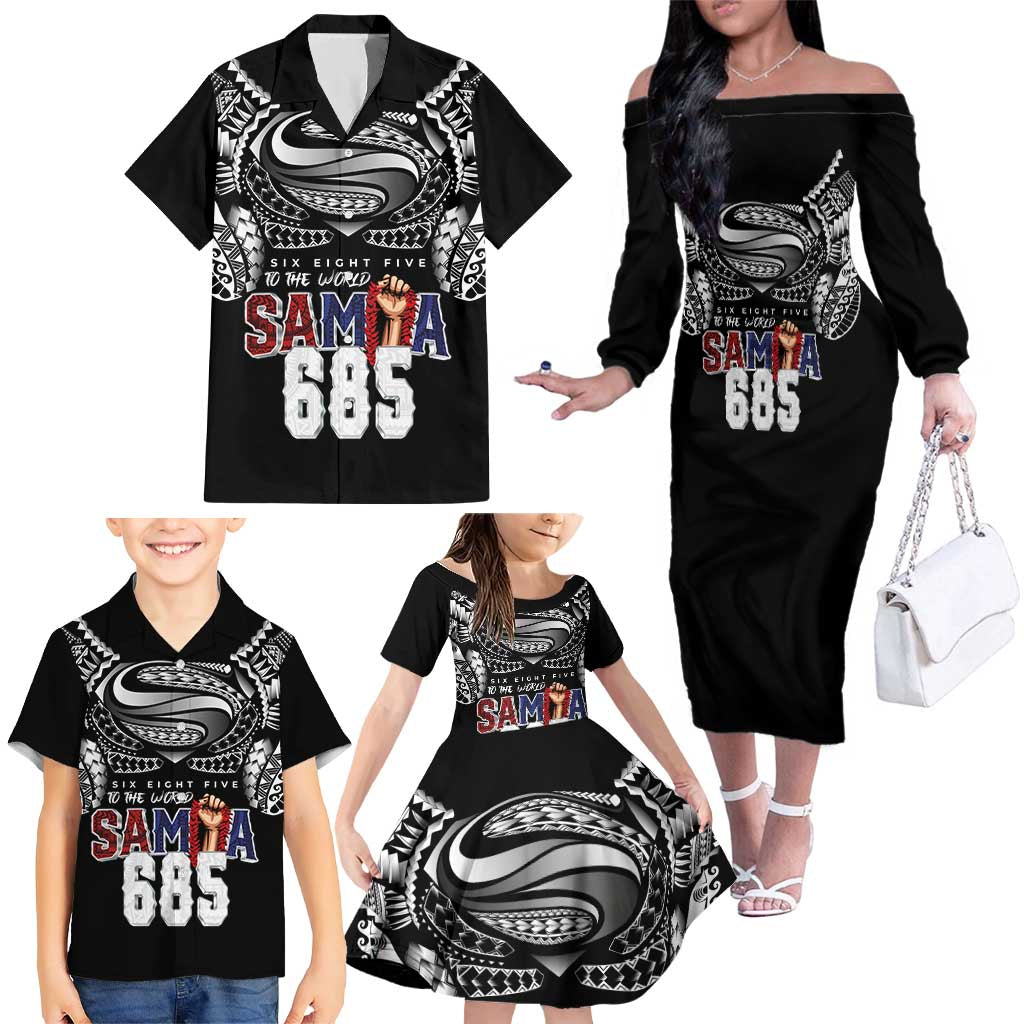 Super Samoa-Six Eight Five to The World Family Matching Off The Shoulder Long Sleeve Dress and Hawaiian Shirt Traditional Samoan Tattoo Black Color LT03 - Polynesian Pride