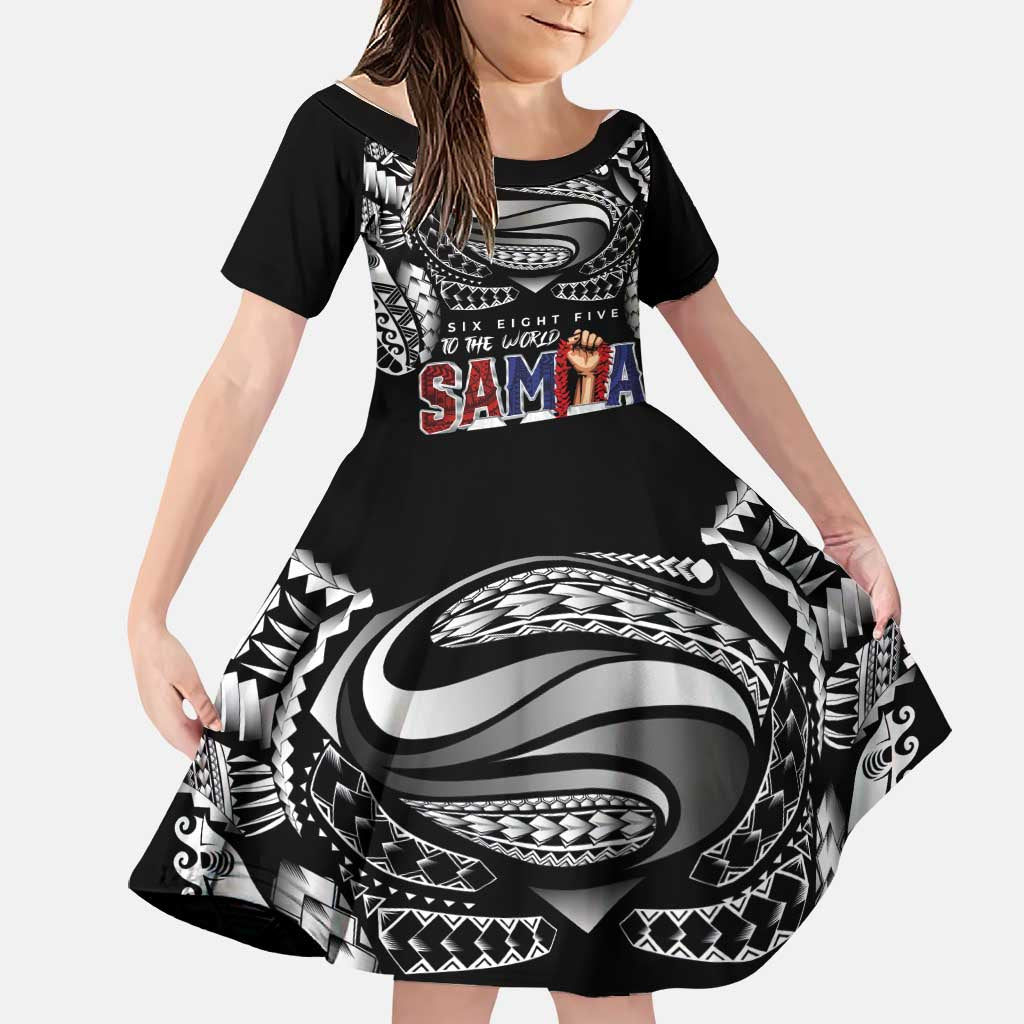 Super Samoa-Six Eight Five to The World Family Matching Off Shoulder Short Dress and Hawaiian Shirt Traditional Samoan Tattoo Black Color LT03 Daughter's Dress Black - Polynesian Pride