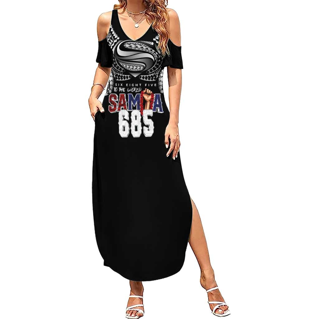 Super Samoa-Six Eight Five to The World Family Matching Summer Maxi Dress and Hawaiian Shirt Traditional Samoan Tattoo Black Color LT03 Mom's Dress Black - Polynesian Pride