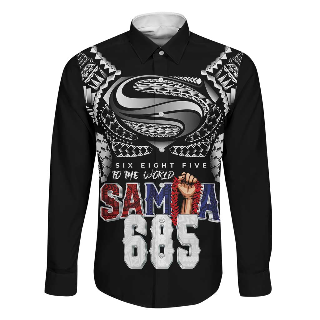 Super Samoa-Six Eight Five to The World Family Matching Tank Maxi Dress and Hawaiian Shirt Traditional Samoan Tattoo Black Color LT03 Dad's Shirt - Long Sleeve Black - Polynesian Pride