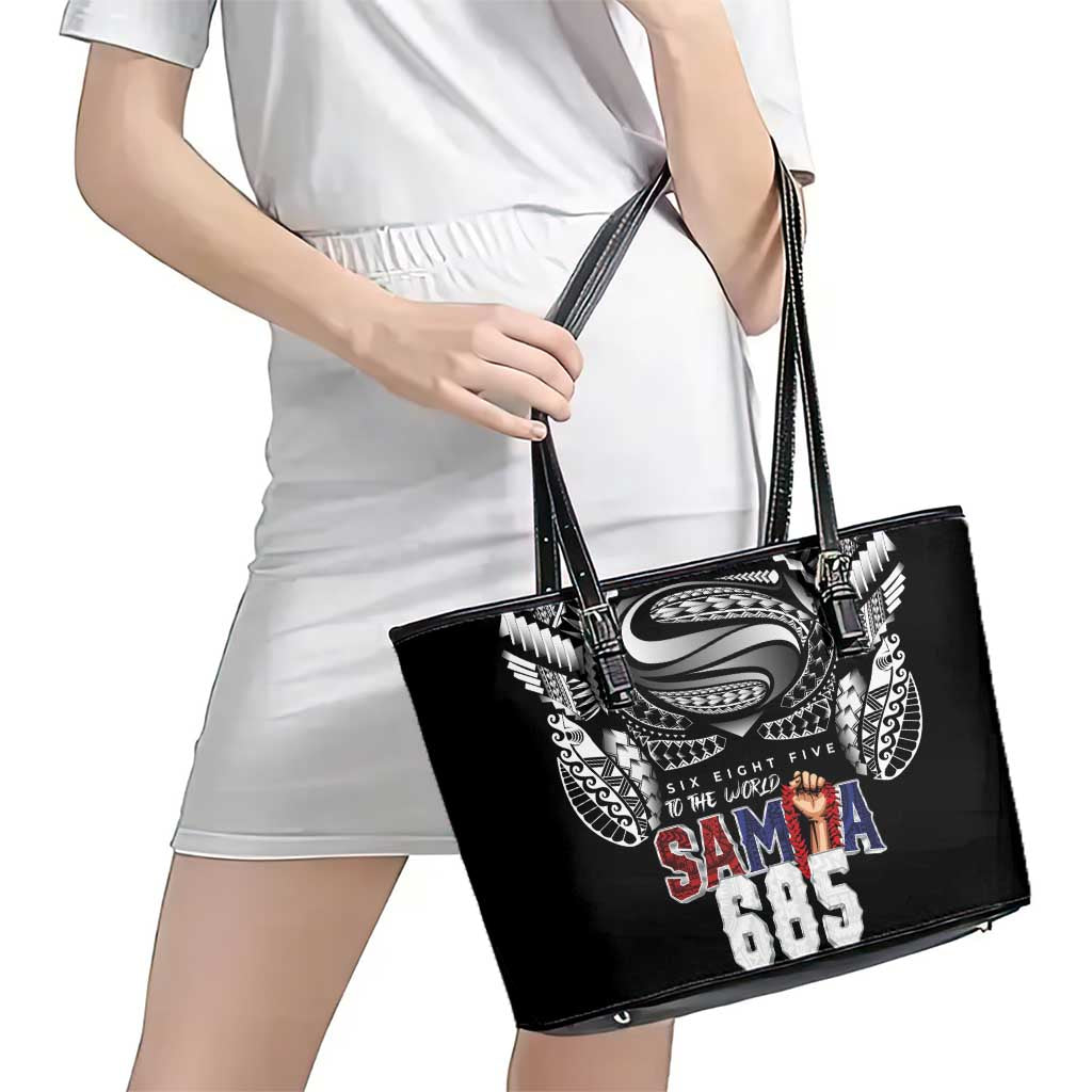 Super Samoa-Six Eight Five to The World Leather Tote Bag Traditional Samoan Tattoo Black Color