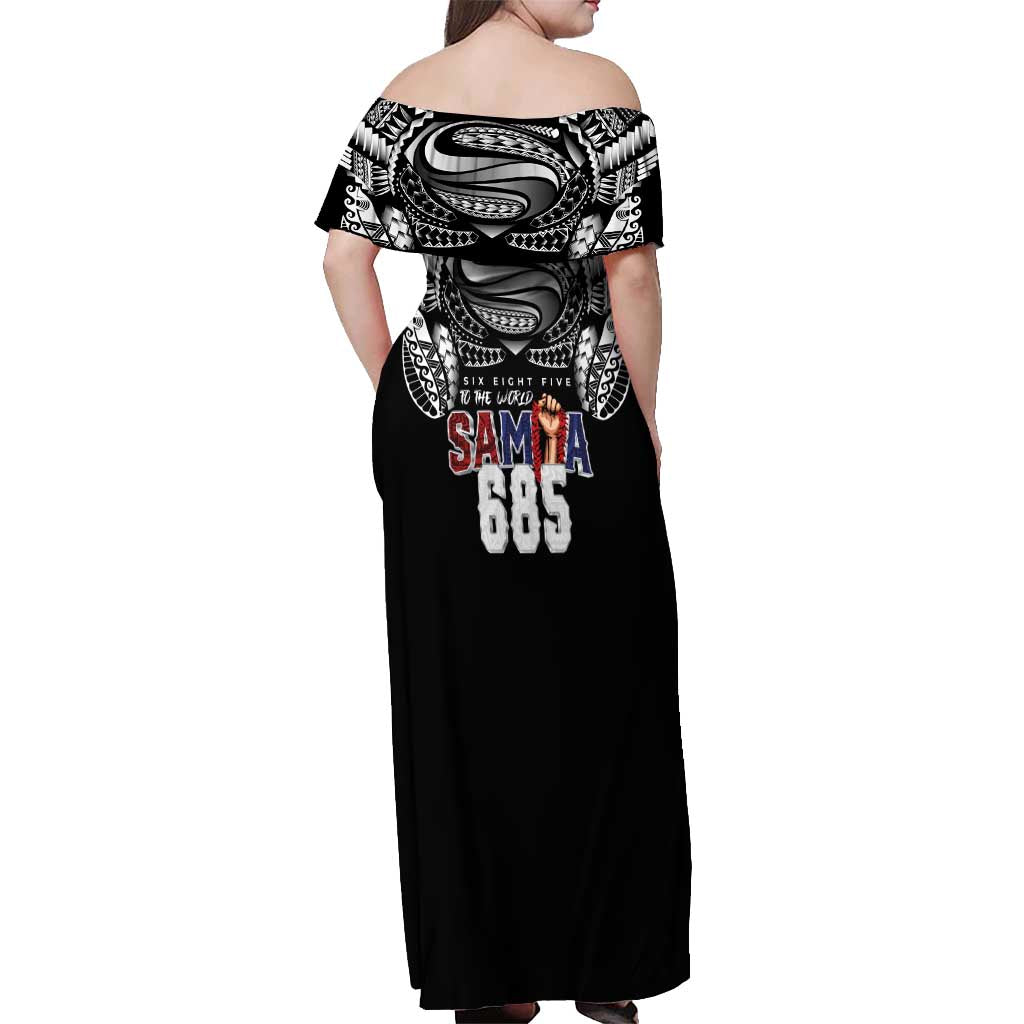Super Samoa-Six Eight Five to The World Off Shoulder Maxi Dress Traditional Samoan Tattoo Black Color