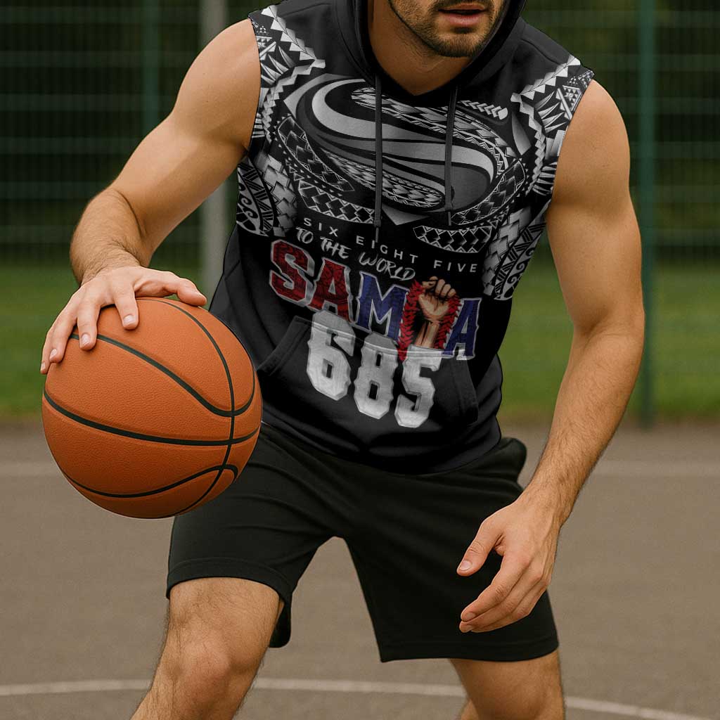 Super Samoa-Six Eight Five to The World Sleeveless Hoodie Traditional Samoan Tattoo Black Color