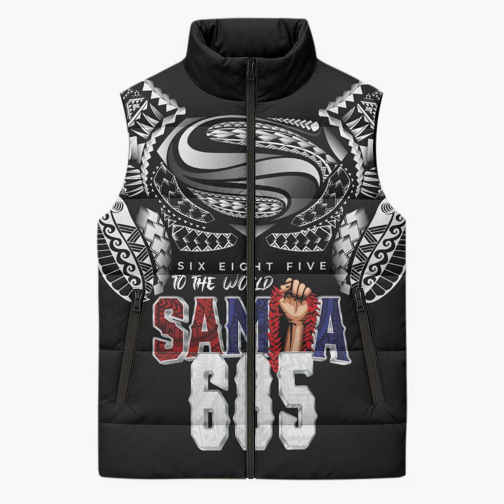 Super Samoa-Six Eight Five to The World Sleeveless Puffer Jacket Traditional Samoan Tattoo Black Color