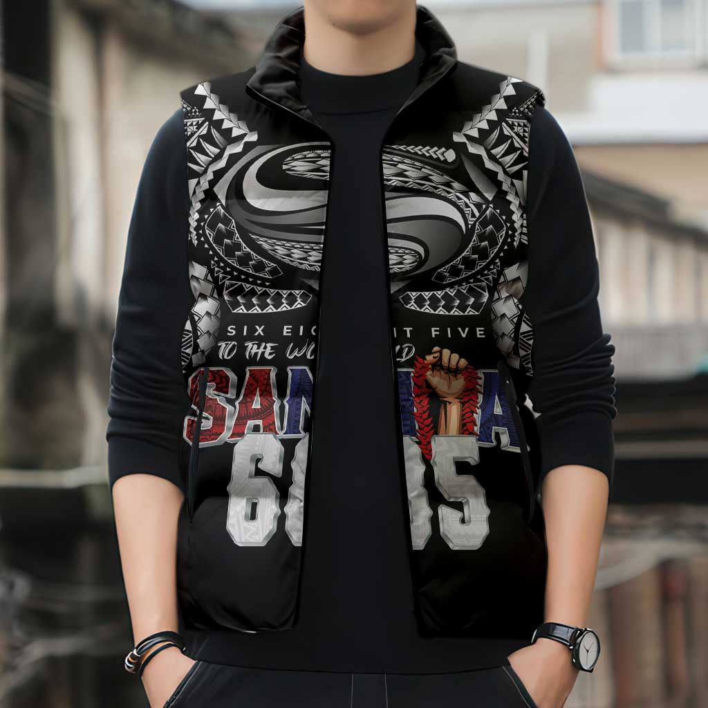 Super Samoa-Six Eight Five to The World Sleeveless Puffer Jacket Traditional Samoan Tattoo Black Color