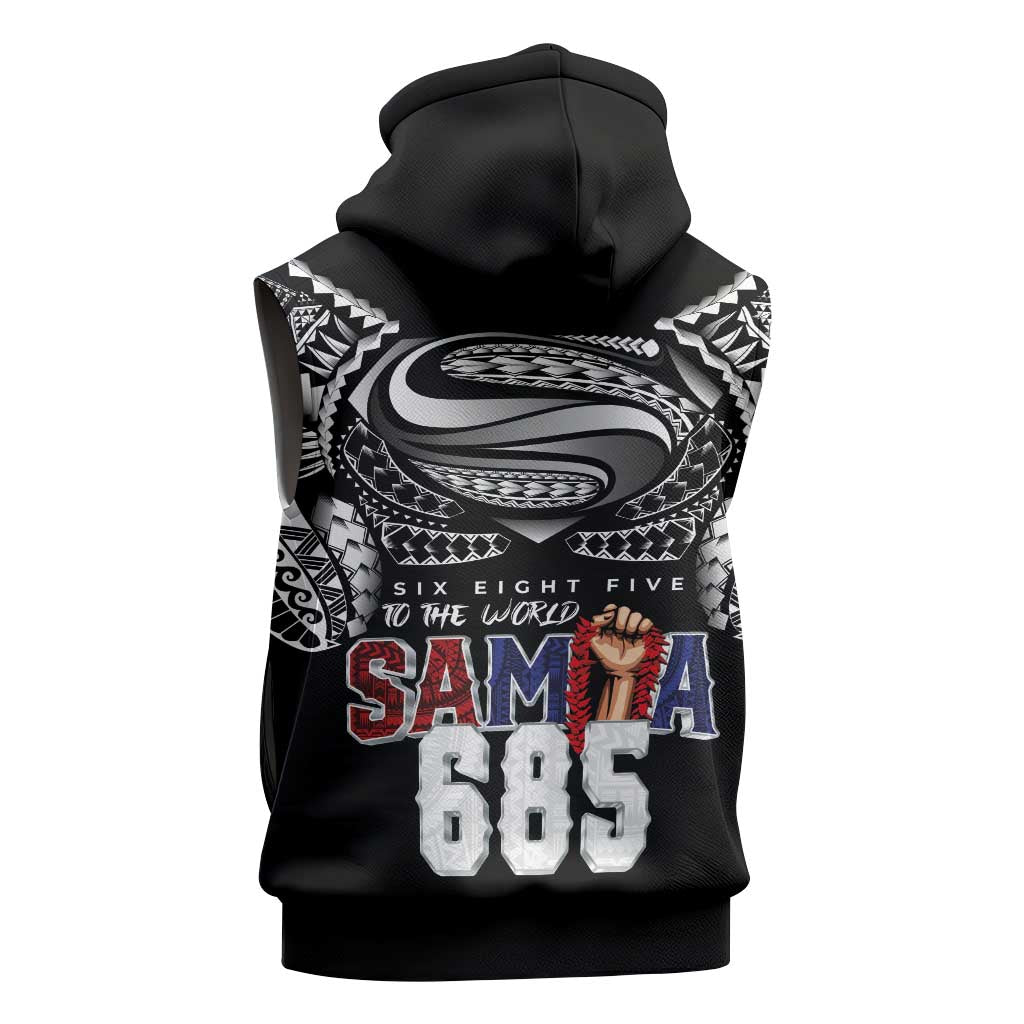 Super Samoa-Six Eight Five to The World Sleeveless Zip Hoodie Traditional Samoan Tattoo Black Color