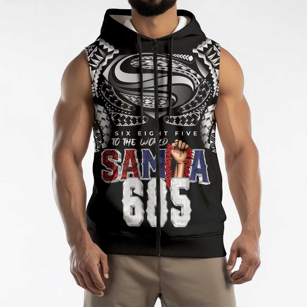 Super Samoa-Six Eight Five to The World Sleeveless Zip Hoodie Traditional Samoan Tattoo Black Color