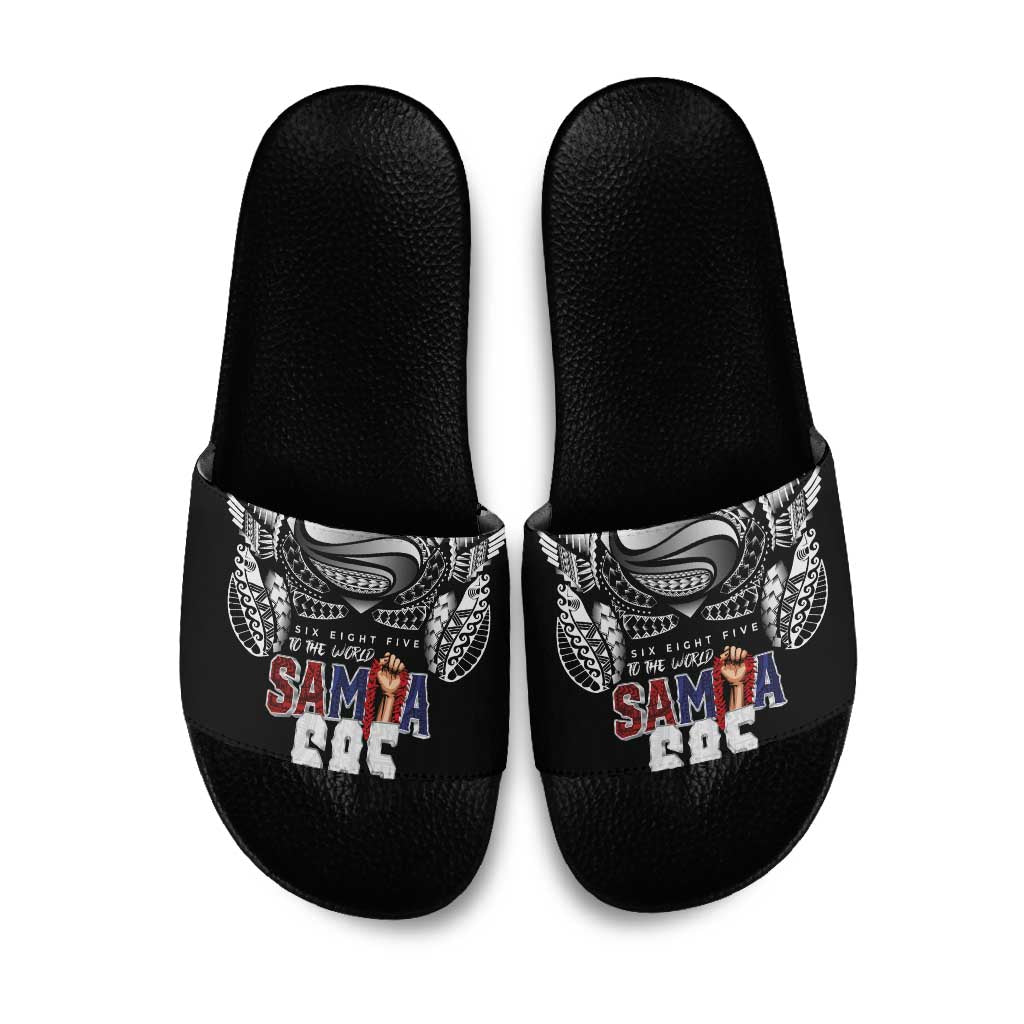 Super Samoa-Six Eight Five to The World Slide Sandals Traditional Samoan Tattoo Black Color