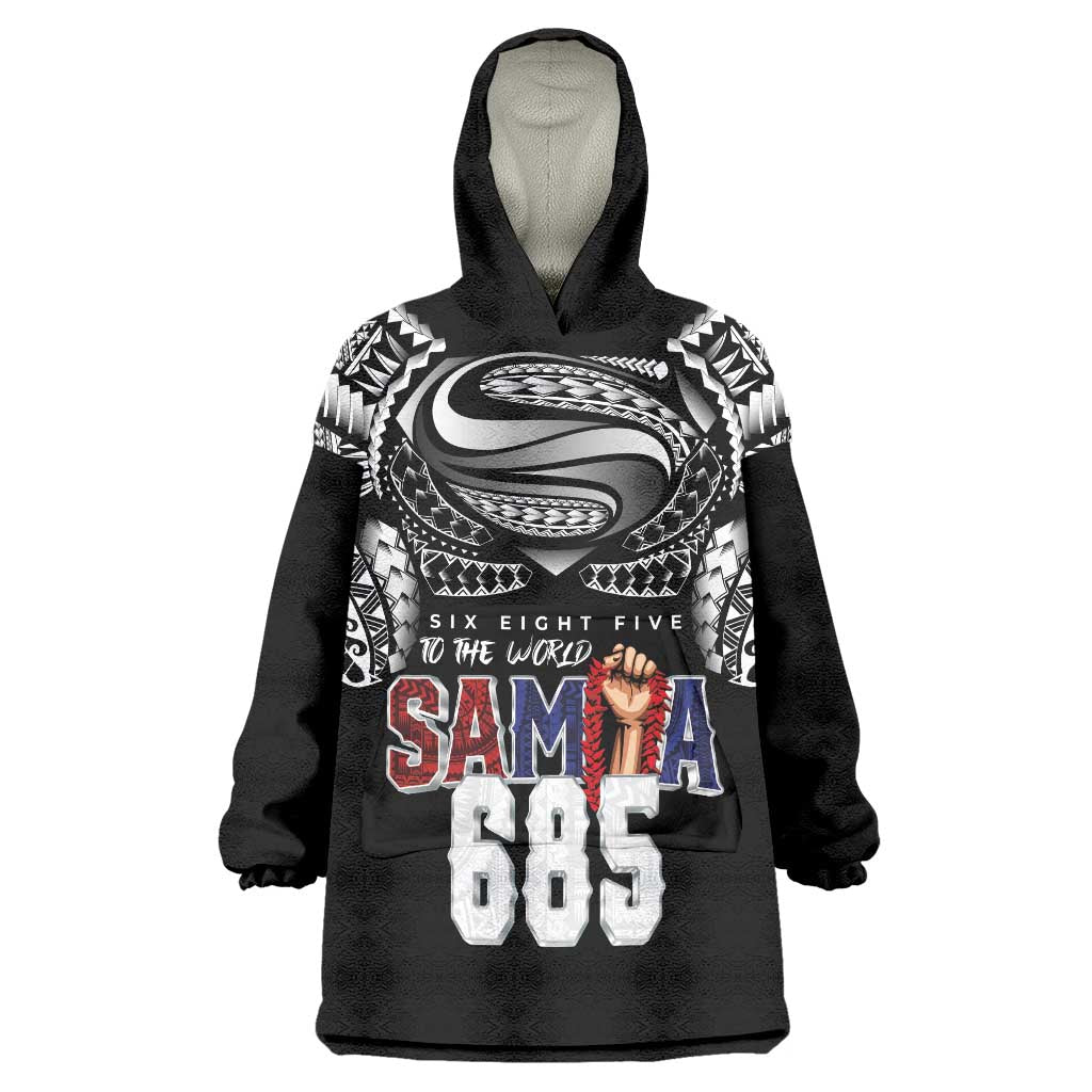 Super Samoa-Six Eight Five to The World Wearable Blanket Hoodie Traditional Samoan Tattoo Black Color