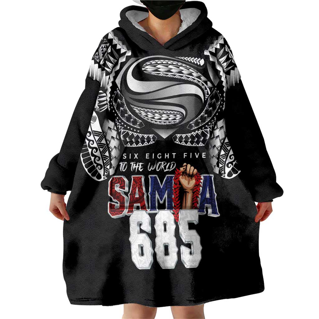 Super Samoa-Six Eight Five to The World Wearable Blanket Hoodie Traditional Samoan Tattoo Black Color