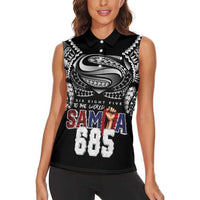 Super Samoa-Six Eight Five to The World Women Sleeveless Polo Shirt Traditional Samoan Tattoo Black Color