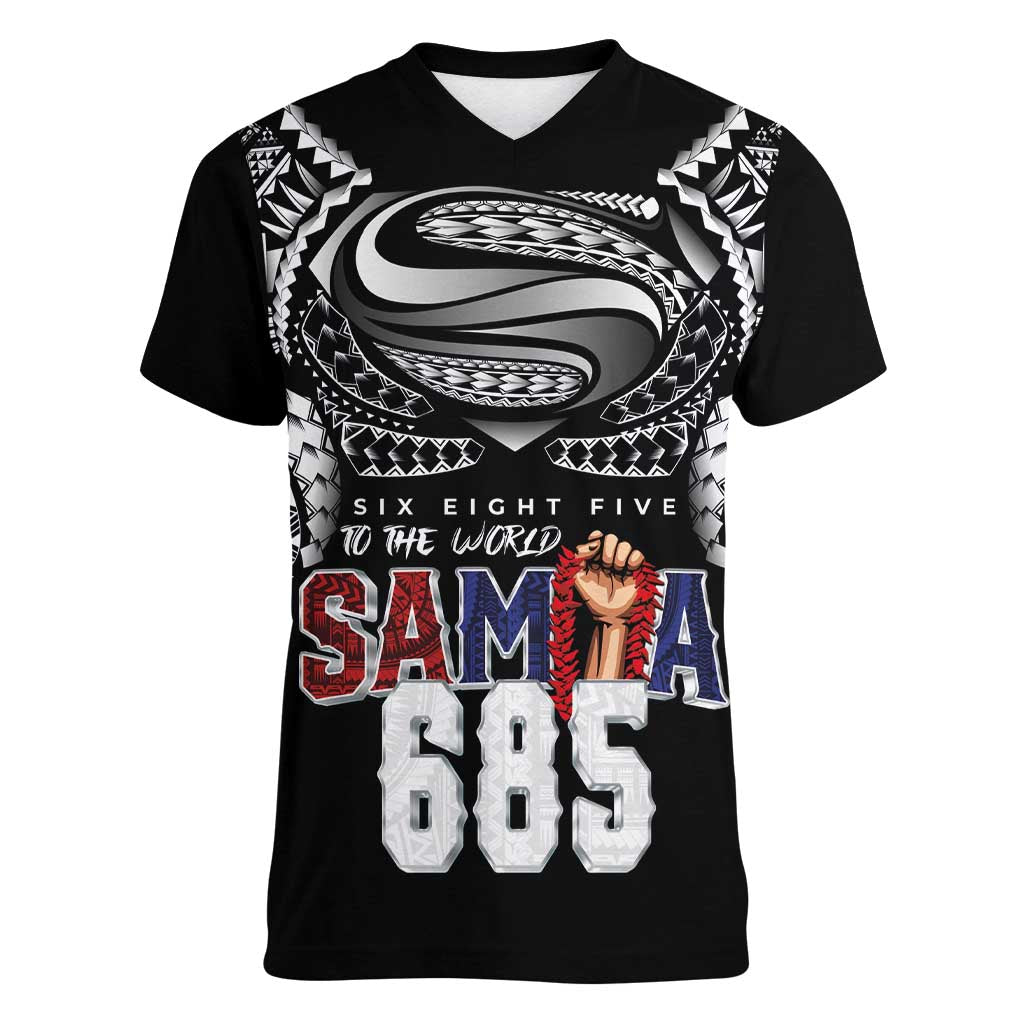 Super Samoa-Six Eight Five to The World Women V-Neck T-Shirt Traditional Samoan Tattoo Black Color